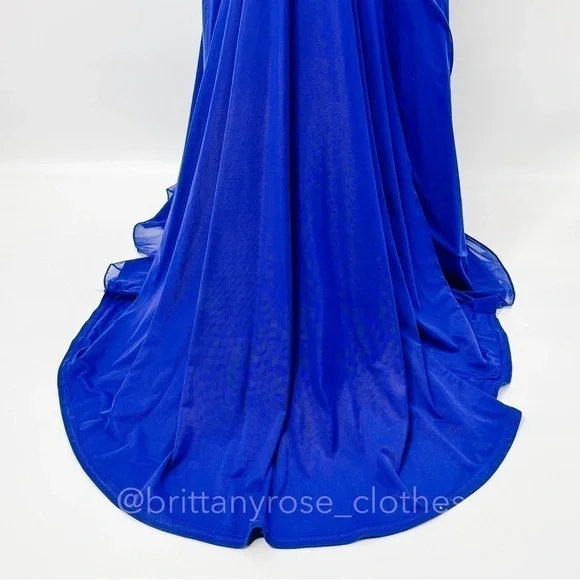 TADASHI SHOJI Asymmetrical Ruched Mesh Evening Formal Gown in Lake Blue - Picture 7 of 8